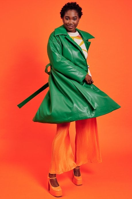 JAYLEY Green Maxi Eco Leather Puffer Coat