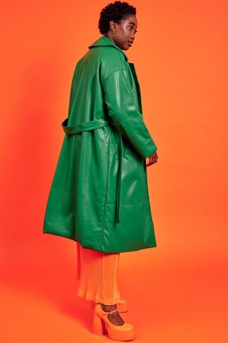 JAYLEY Green Maxi Eco Leather Puffer Coat
