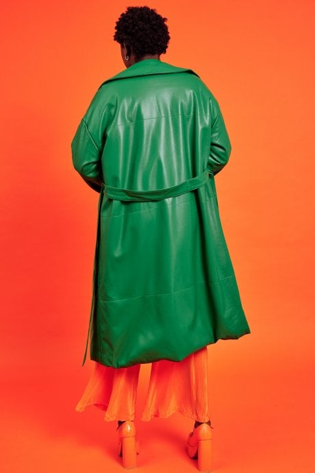 JAYLEY Green Maxi Eco Leather Puffer Coat