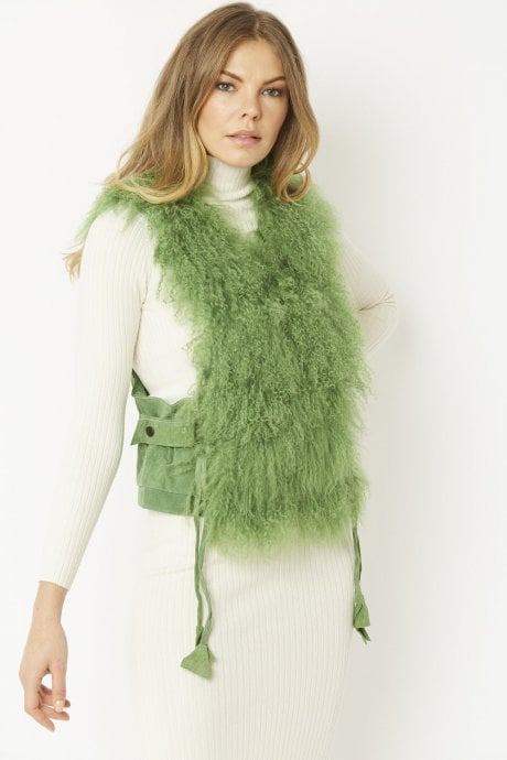 JAYLEY Green Mongolian Fur and Suedette Gilet | Waistcoat