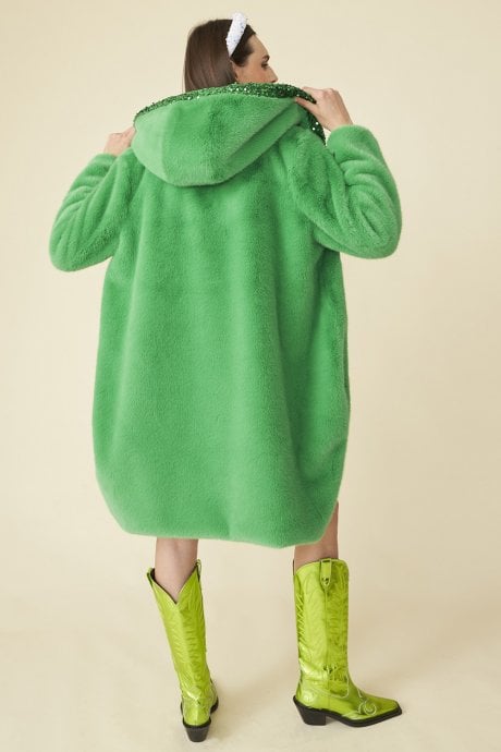 JAYLEY Green Oversized Faux Fur Coat With Sequin Detail And Hood