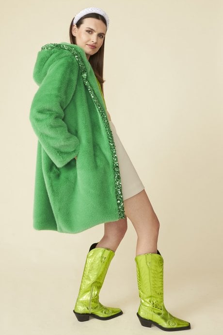 JAYLEY Green Oversized Faux Fur Coat With Sequin Detail And Hood