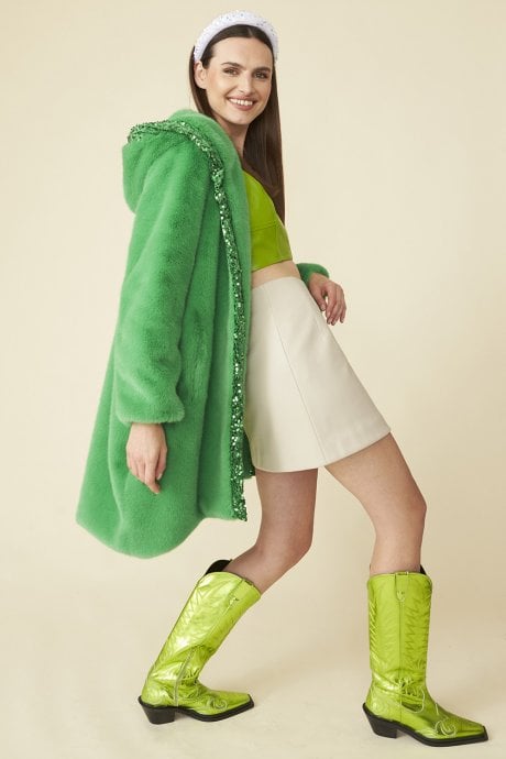 JAYLEY Green Oversized Faux Fur Coat with Sequin Detail and Hood