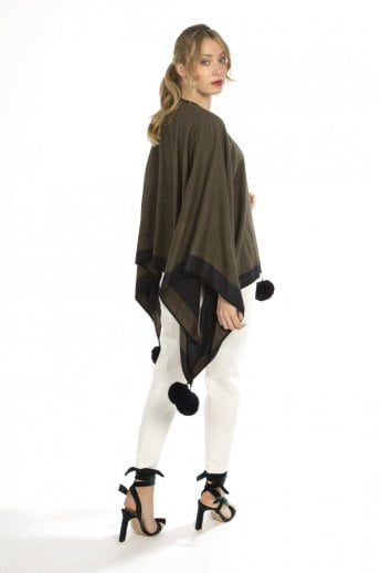 JAYLEY Green Reversible Cashmere Wrap Cape With Faux Fur Poms