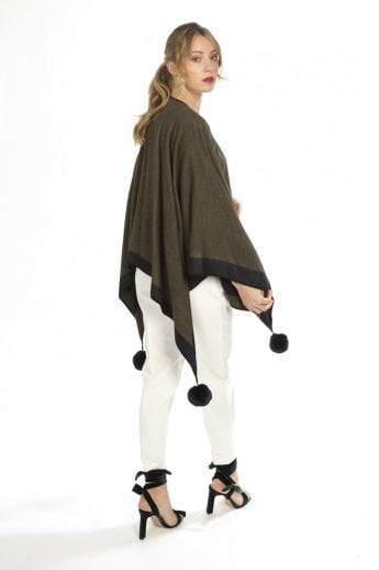 JAYLEY Green Reversible Cashmere Wrap Cape With Faux Fur Poms
