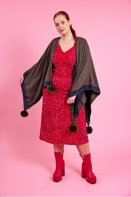 JAYLEY Green Reversible Cashmere Wrap Cape with Faux Fur Poms