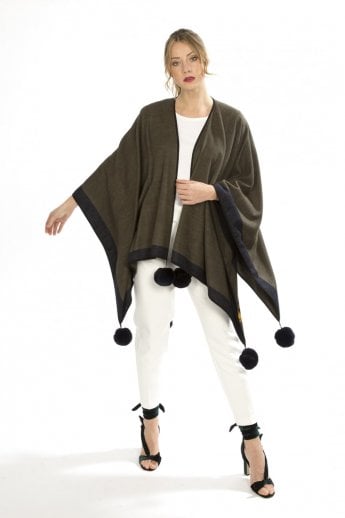JAYLEY Green Reversible Cashmere Wrap Cape with Faux Fur Poms