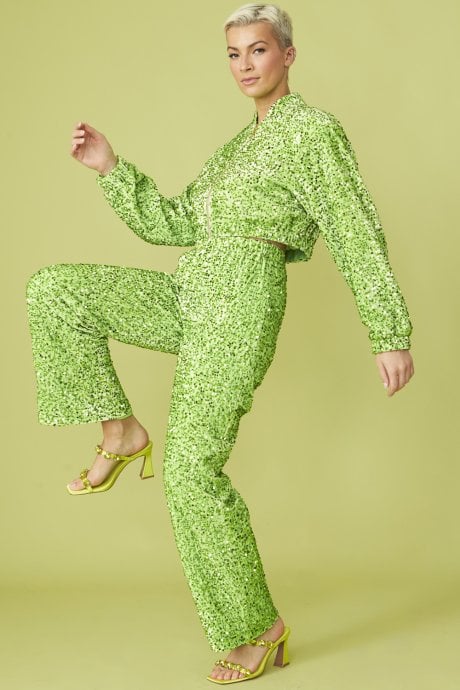 JAYLEY Green Sequin Trousers with Elasticated Waste