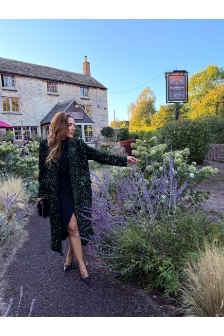 JAYLEY Green Sequin Velvet Trench Coat