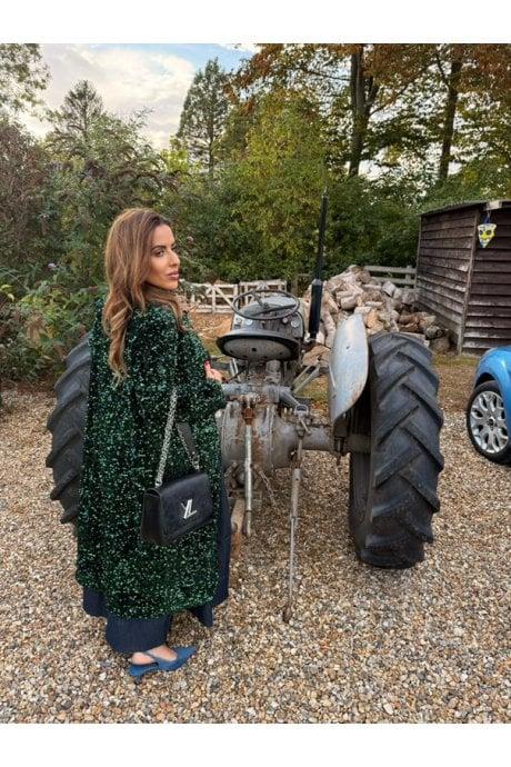 JAYLEY Green Sequin Velvet Trench Coat