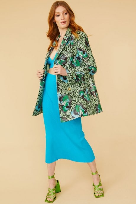 JAYLEY Green Silk Blend Animal Print Floral Blazer