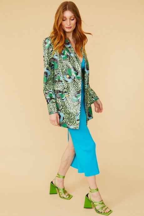 JAYLEY Green Silk Blend Animal Print Floral Blazer