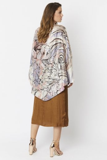 JAYLEY Green Silk Blend Print Kimono Shawl Wrap