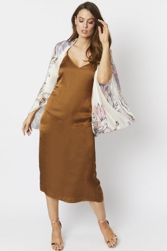 JAYLEY Green Silk Blend Print Kimono Shawl Wrap