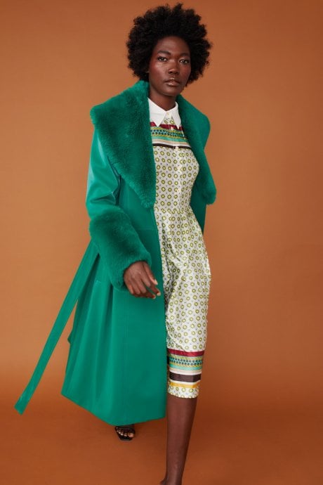JAYLEY Green Trench Style Belted Coat With Faux Fur Cuffs And Collar
