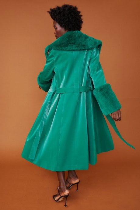 JAYLEY Green Trench Style Belted Coat With Faux Fur Cuffs And Collar