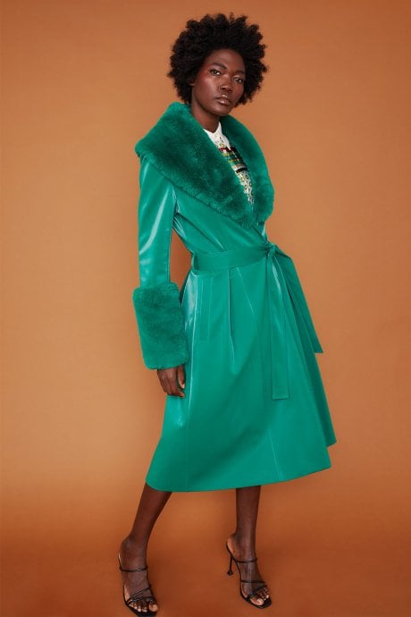 JAYLEY Green Trench Style Belted Coat With Faux Fur Cuffs And Collar