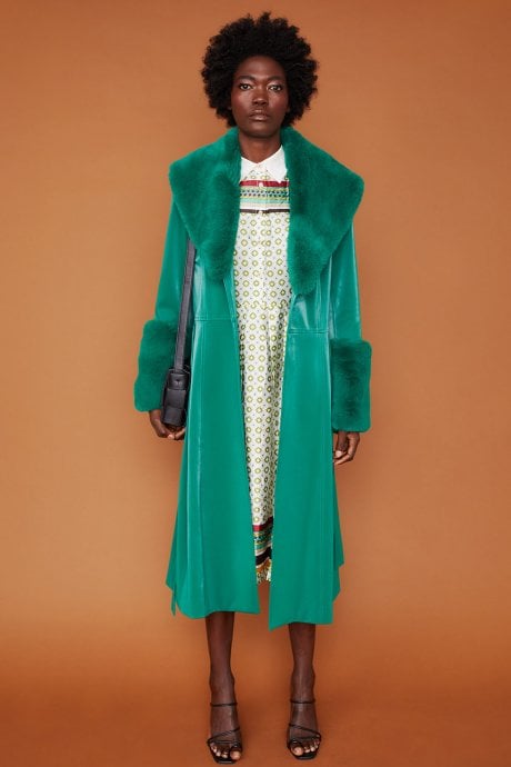 JAYLEY Green Trench Style Belted Coat with Faux Fur Cuffs and Collar