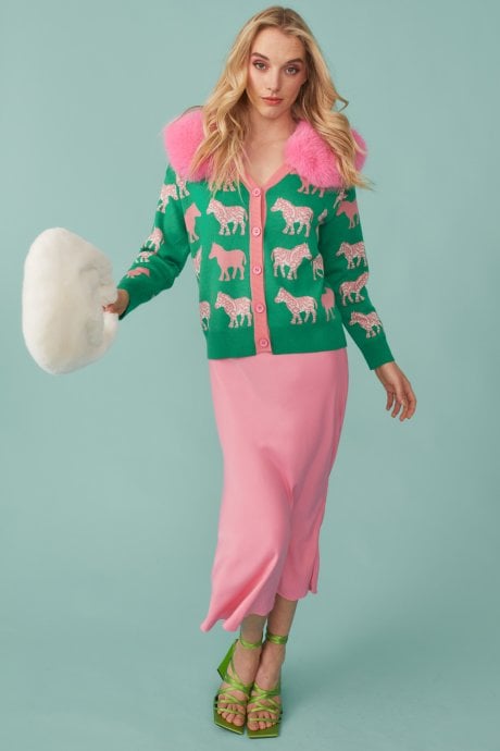 JAYLEY Green Zebra Design Banana Peel & Cashmere Cardigan With Pink Detachable Faux Fur Collar