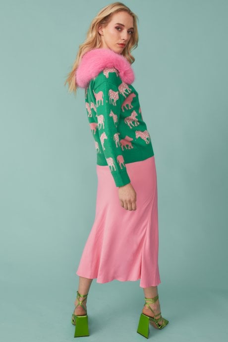 JAYLEY Green Zebra Design Banana Peel & Cashmere Cardigan With Pink Detachable Faux Fur Collar
