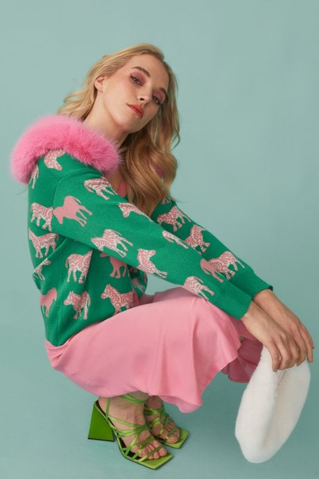 JAYLEY Green Zebra Design Banana Peel & Cashmere Cardigan with Pink Detachable Faux Fur Collar