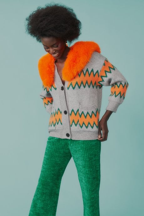 JAYLEY Grey And Orange Banana Peel Cardigan With Faux Fur Collar