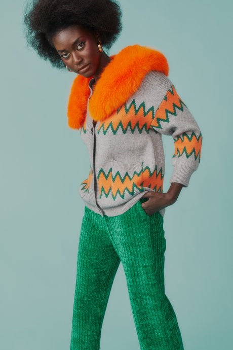 JAYLEY Grey And Orange Banana Peel Cardigan With Faux Fur Collar