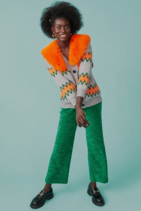 JAYLEY Grey and Orange Banana Peel Cardigan with Faux Fur Collar
