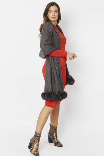JAYLEY Grey Cashmere Blend Embroidered Dragonfly Pompom Wrap