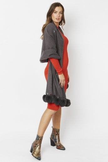 JAYLEY Grey Cashmere Blend Embroidered Dragonfly Pompom Wrap