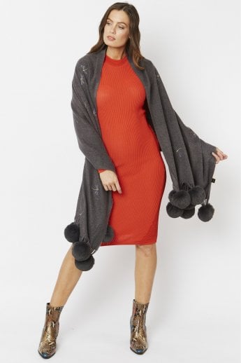 JAYLEY Grey Cashmere Blend Embroidered Dragonfly Pompom Wrap