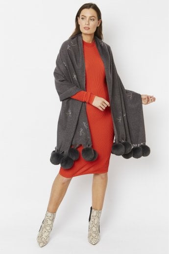 JAYLEY Grey Cashmere Blend Embroidered Dragonfly Pompom Wrap