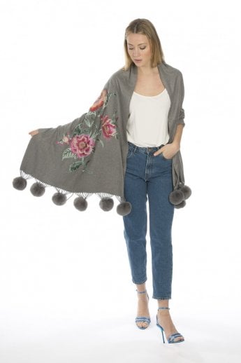 JAYLEY Grey Cashmere Blend Embroidery Wrap
