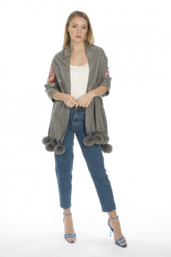 JAYLEY Grey Cashmere Blend Embroidery Wrap