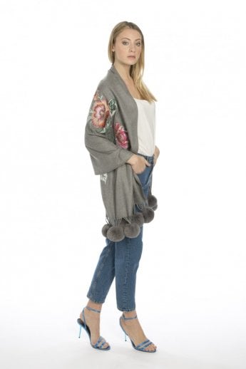 JAYLEY Grey Cashmere Blend Embroidery Wrap