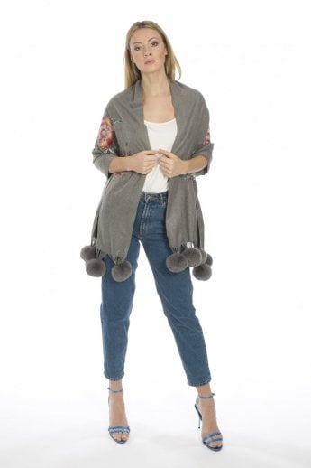 JAYLEY Grey Cashmere Blend Embroidery Wrap