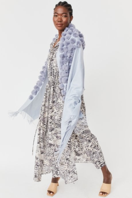 JAYLEY Grey Cashmere Blend Faux Fur Pom Pom Wrap