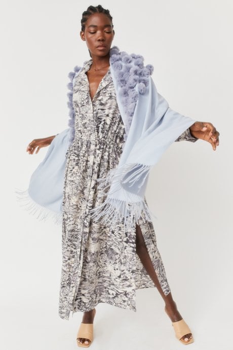 JAYLEY Grey Cashmere Blend Faux Fur Pom Pom Wrap