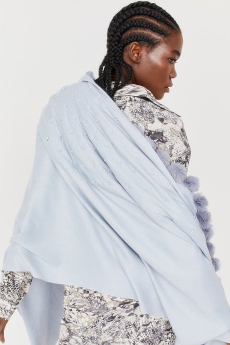 JAYLEY Grey Cashmere Blend Faux Fur Pom Pom Wrap