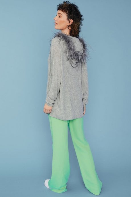 JAYLEY Grey Cashmere Blend Hooded Jumper With Feathered Hood