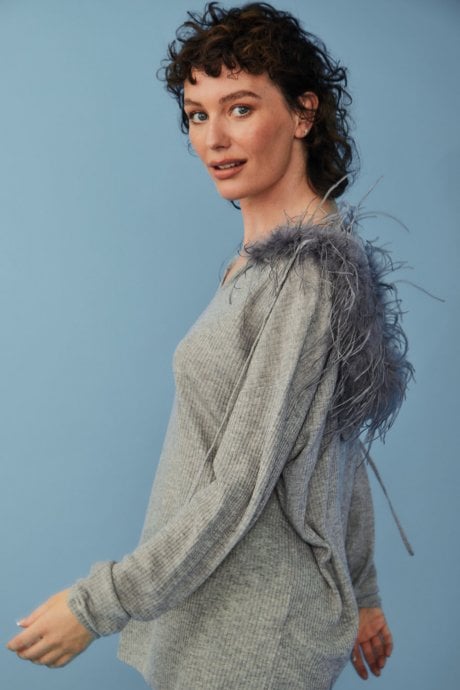 JAYLEY Grey Cashmere Blend Hooded Jumper With Feathered Hood