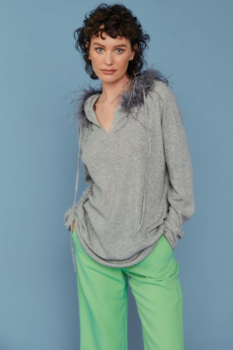 JAYLEY Grey Cashmere Blend Hooded Jumper with Feathered Hood