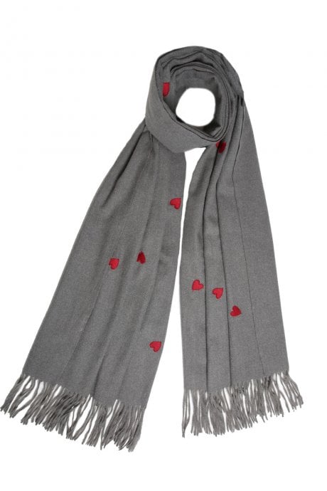 JAYLEY Grey Cashmere Blend Wrap with Love Heart Embroidery