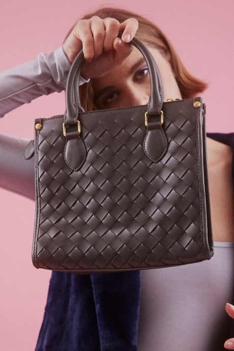 JAYLEY Grey Classic Woven Leather Basket Bag