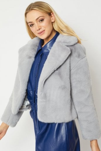 JAYLEY Grey Faux Fur Cropped Coat