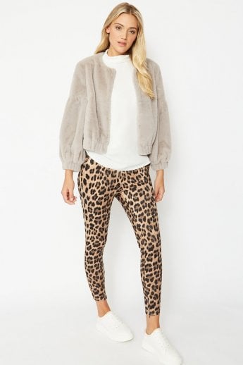 JAYLEY Grey Faux Fur Cropped Jacket With Puff Sleeves