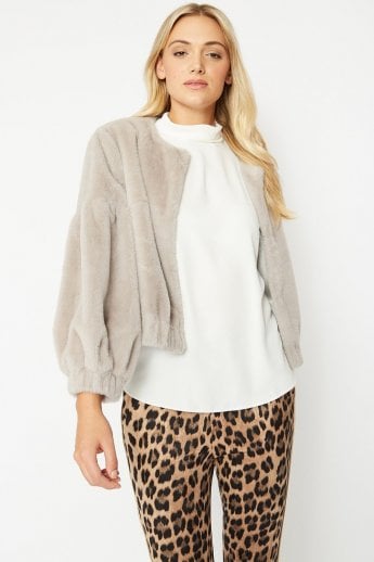 JAYLEY Grey Faux Fur Cropped Jacket With Puff Sleeves
