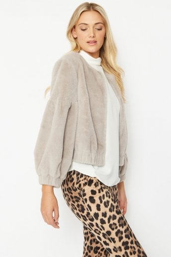 JAYLEY Grey Faux Fur Cropped Jacket with Puff Sleeves
