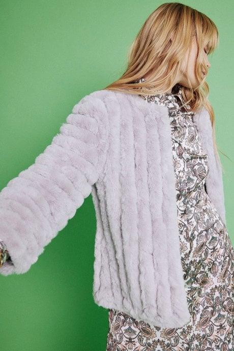 JAYLEY Grey Faux Fur Faux Suede Coat