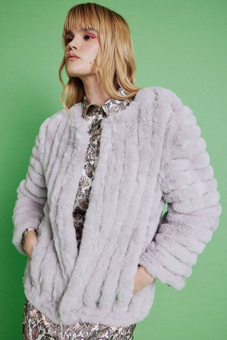 JAYLEY Grey Faux Fur Faux Suede Coat